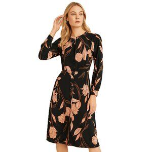 A New Day Floral Midi Dress Long Sleeve Button Front Black Pink Small – Trendy,